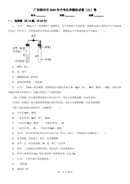 广西梧州市2020年中考化学模拟试卷(II)卷