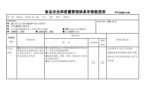 食品安全和质量管理体系审核检查表