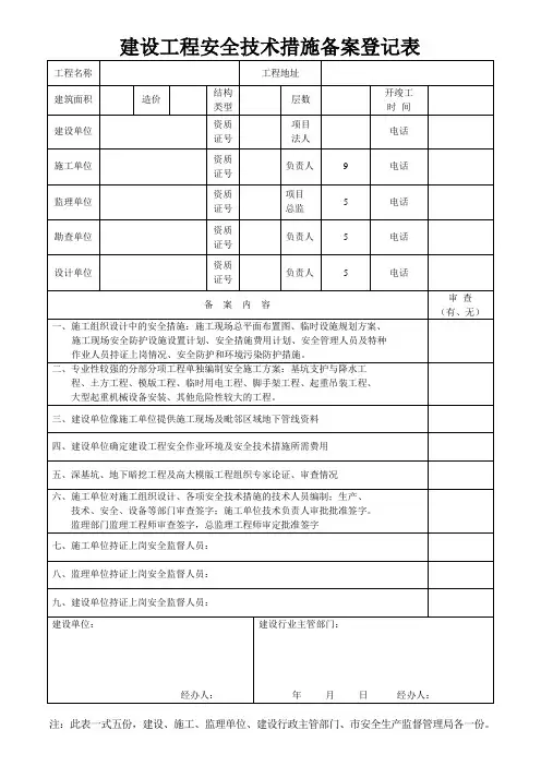 建设工程安全技术措施备案登记表