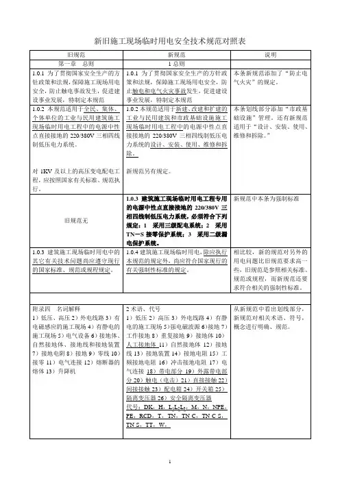 (技术规范标准)新旧施工现场临时用电安全技术规范对照表