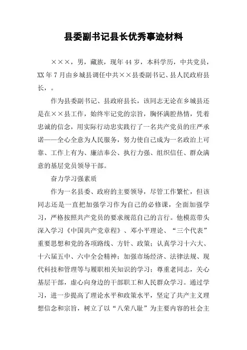 县委副书记县长优秀事迹材料