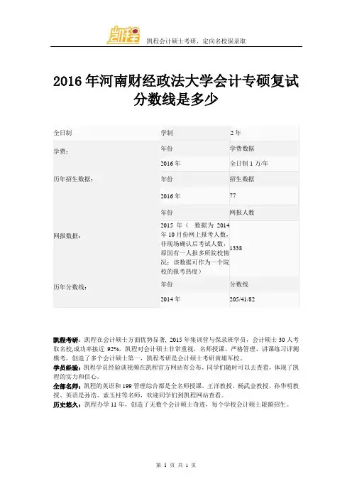 2016年河南财经政法大学会计专硕复试分数线是多少