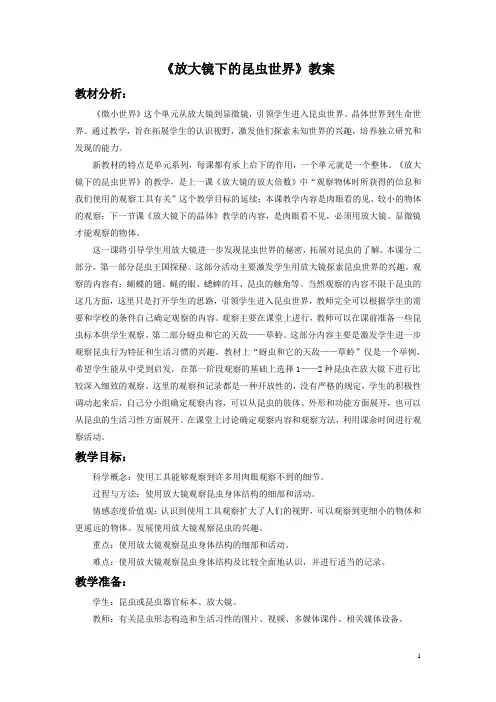 教科版六年级科学下册教学设计 放大镜下的昆虫世界教案