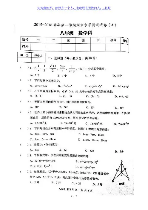 肇庆市端州区2015-2016年八年级上数学期末试卷及答案
