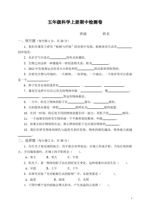 教科版小学科学五年级上册期中试卷a