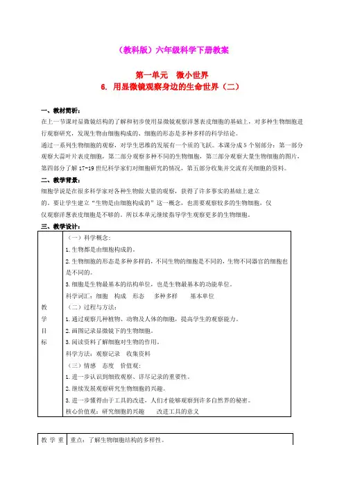 六年级科学下册 用显微镜观察身边的生命世界(二)教学设计 教科版