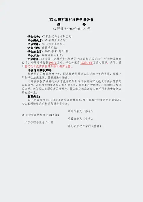 XX山铜矿采矿权评估报告书