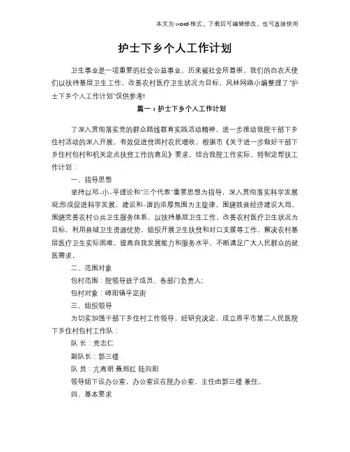 2018年护士下乡个人工作计划策划学习参考范文