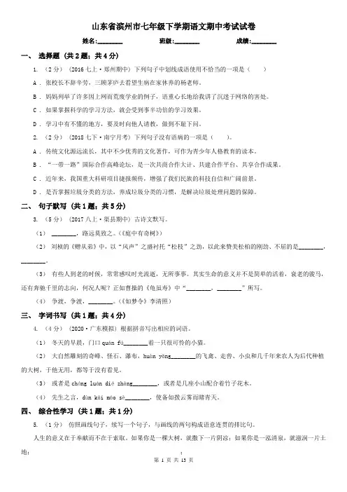 山东省滨州市七年级下学期语文期中考试试卷