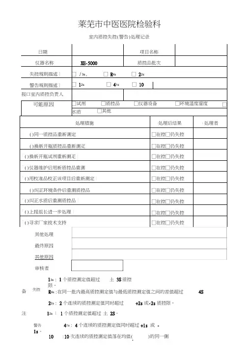 室内质控失控(警告)处理记录