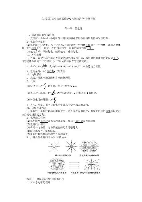 (完整版)高中物理选修3-1知识点清单(非常详细)  