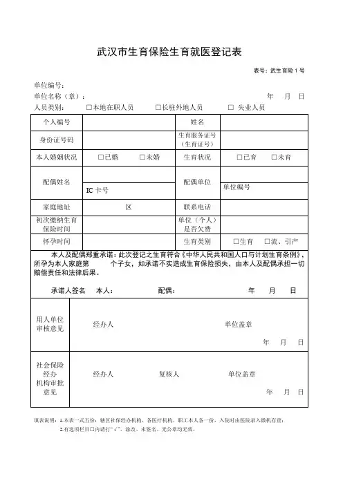 新版武汉市生育保险生育就医登记表