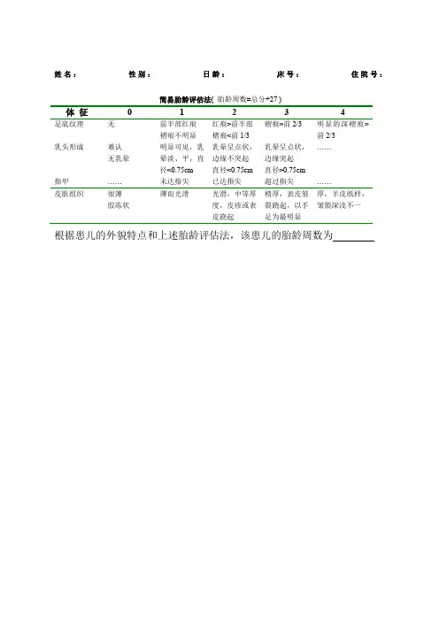 简易胎龄评估表新编