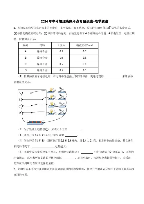 2024年中考物理+考点专题训练-电学实验