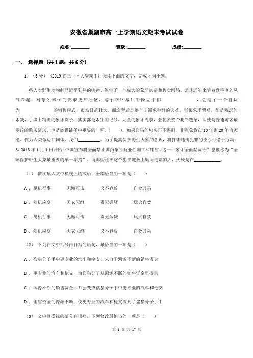安徽省巢湖市高一上学期语文期末考试试卷