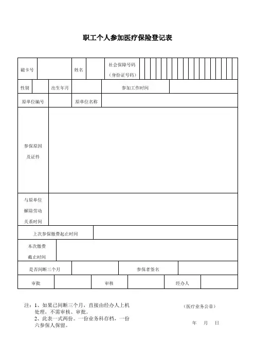职工个人参加医疗保险登记表