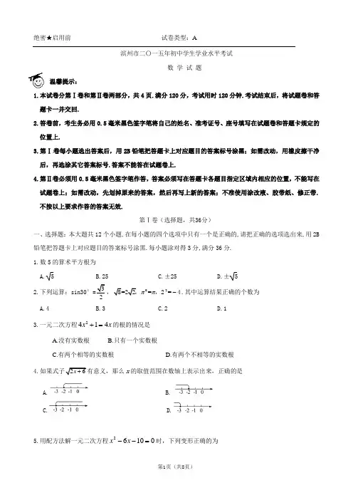 山东省滨州市2015年中考数学试题(word版,含答案)