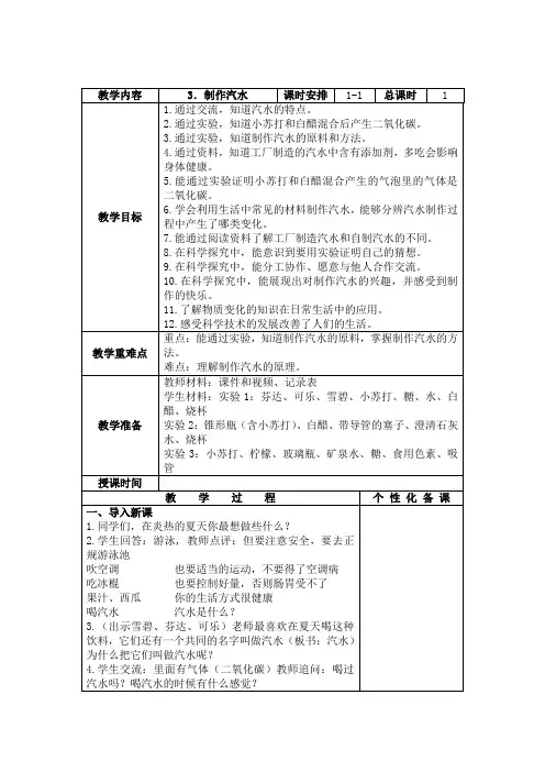 新苏教版六年级科学上册《制作汽水》教案