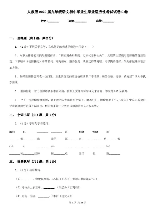 人教版2020届九年级语文初中毕业生学业适应性考试试卷C卷