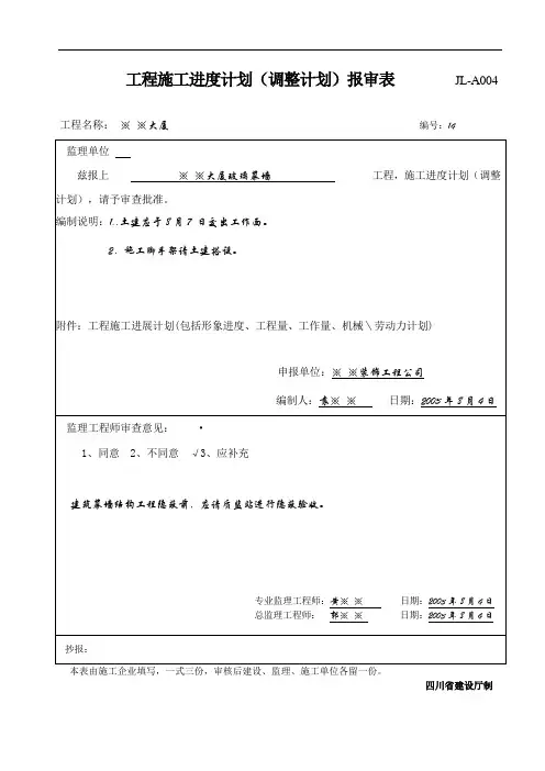 JL-A004工进度计划(调整计划)报审表