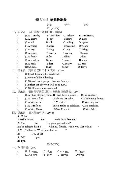 新牛津译林版英语六年级下册unit6试卷
