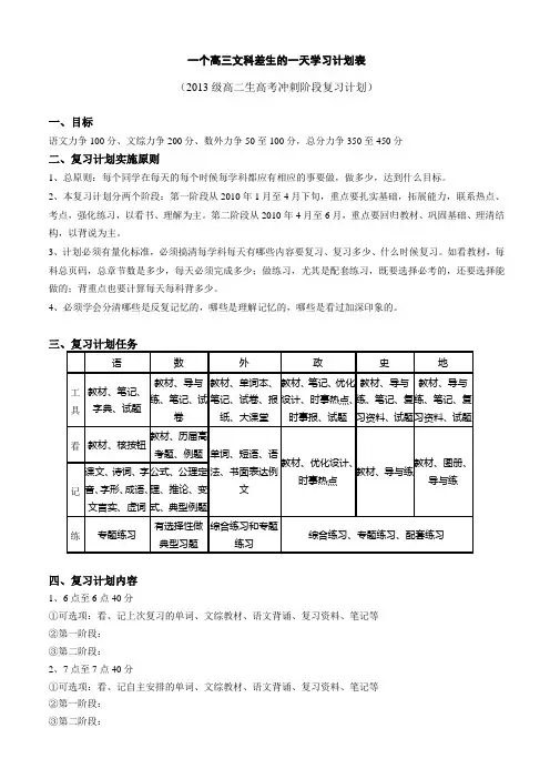 高三文科差生的一天学习计划表