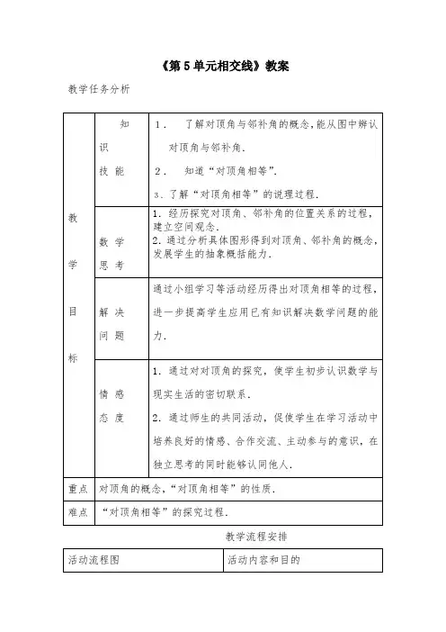 人教版七年级数学下册《第5单元 相交线》教案 教学设计