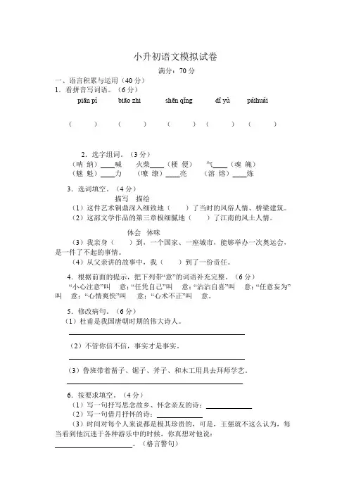 小升初语文模拟试卷