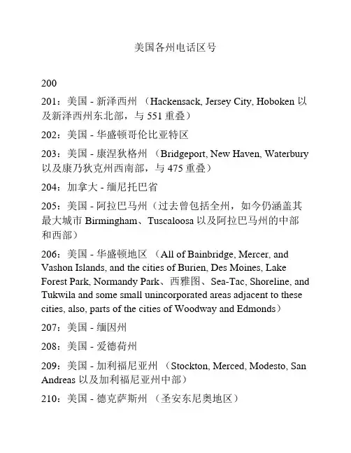 美国各州电话区号