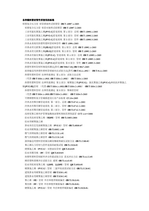 (新)各种塑料管材管件所使用的标准
