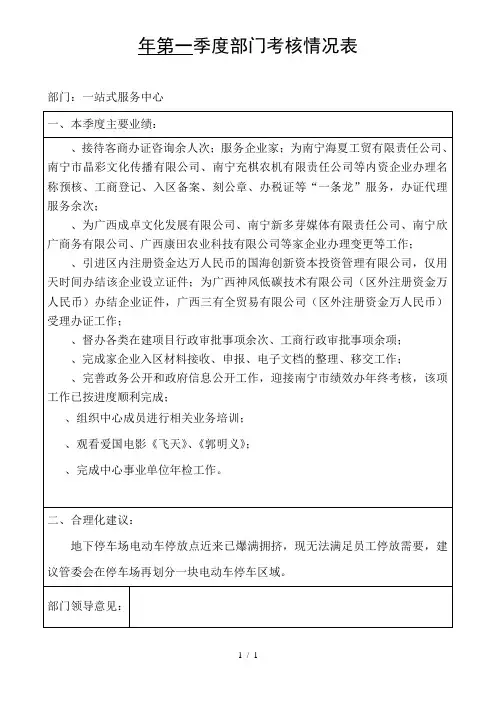 第一季度部门考核情况表