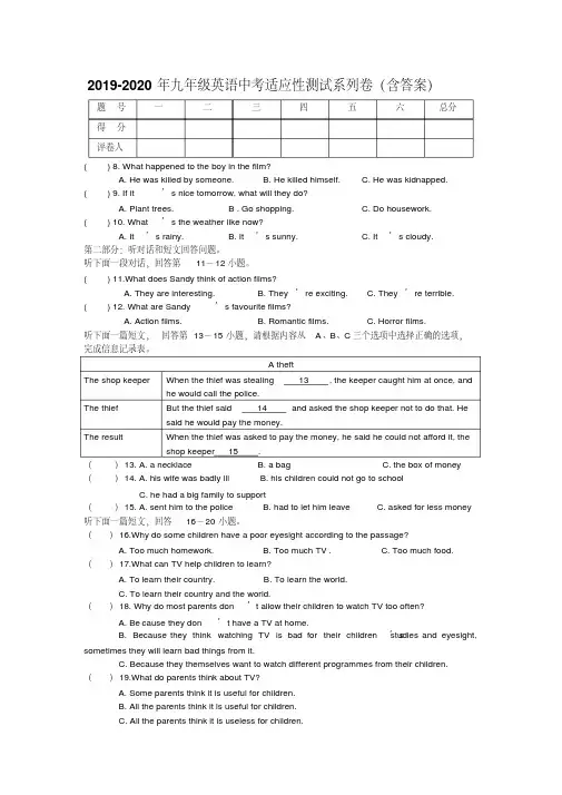 2019-2020年九年级英语中考适应性测试系列卷(含答案)