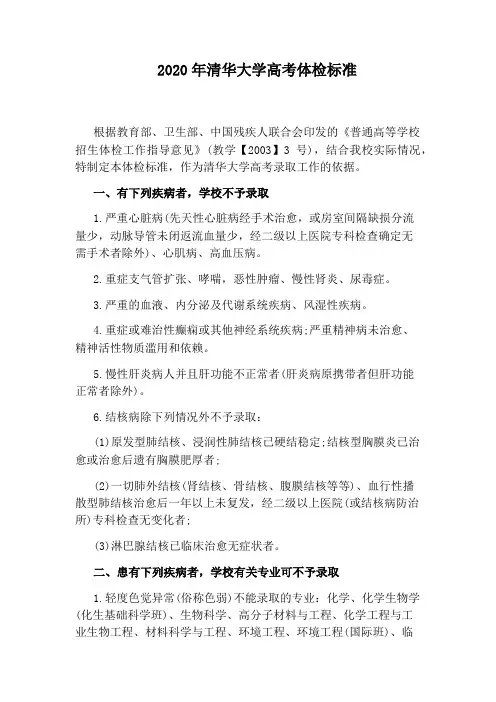 2020年清华大学高考体检标准