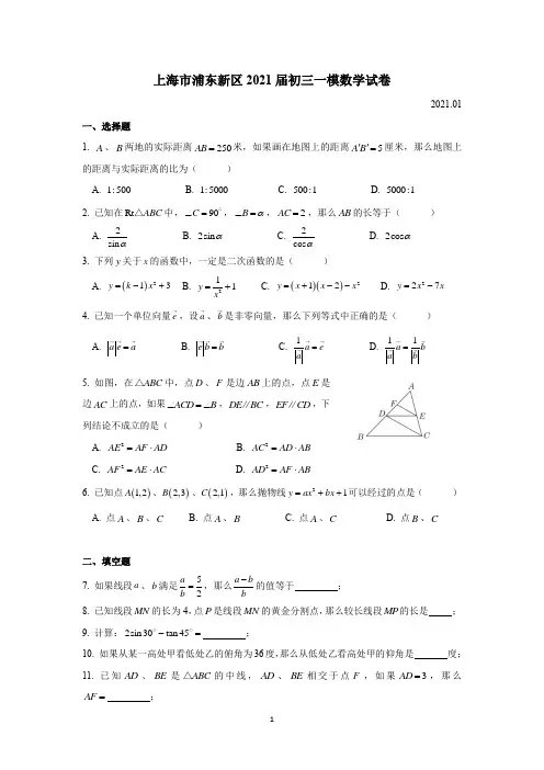 上海市浦东新区2021届初三一模数学试卷
