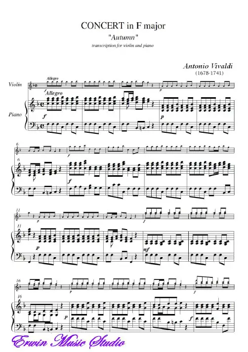 Piano安东尼奥·维瓦尔第《F大调小提琴协奏曲〝秋〞》作品.8.第3号.选自四季小提琴曲谱 钢琴伴奏曲谱