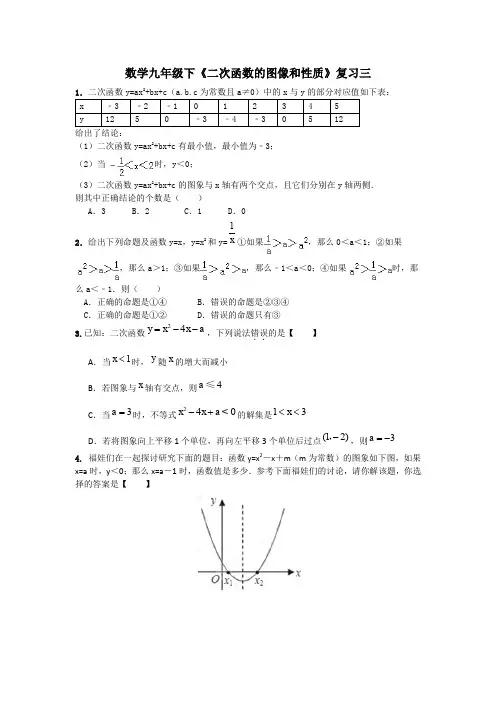 初三数学九年级下《二次函数的图像和性质》复习三
