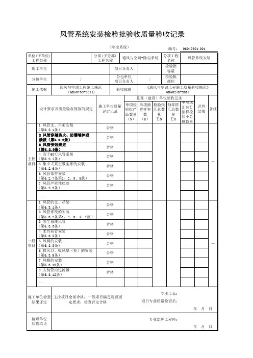 风管系统安装检验批验收质量验收记录