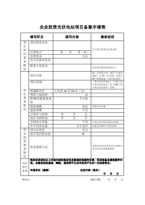 企业投资光伏电站项目备案申请表