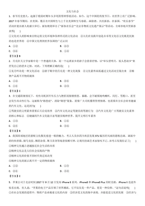2019年高考政治一轮复习练习必修3第1课 文化与社会
