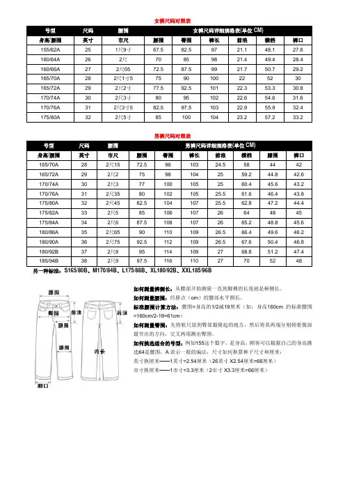 尺码对照表-男女裤子