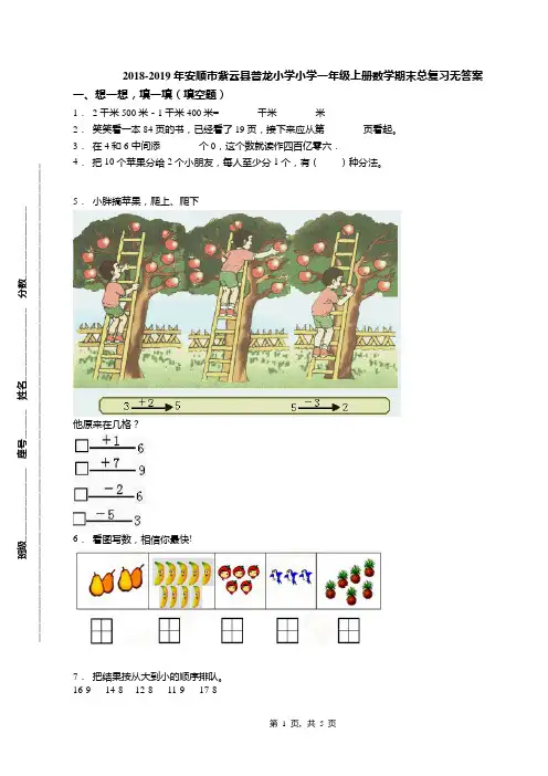 2018-2019年安顺市紫云县普龙小学小学一年级上册数学期末总复习无答案