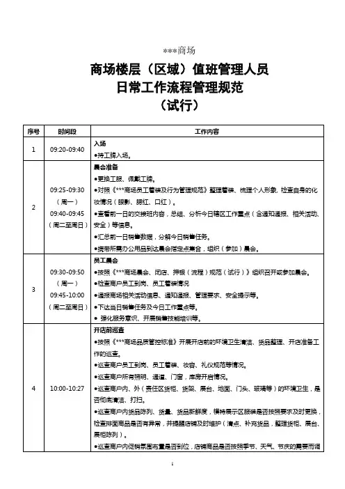 商场楼层(区域)值班管理人员日常工作流程管理规范