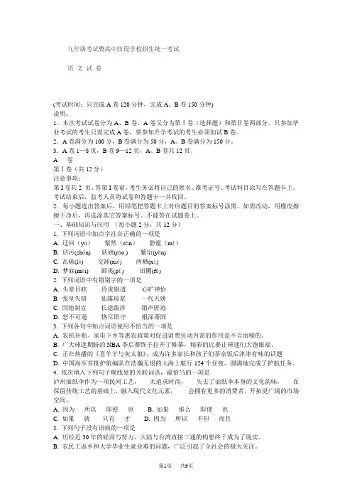 中考语文试题及参考答案 (15)