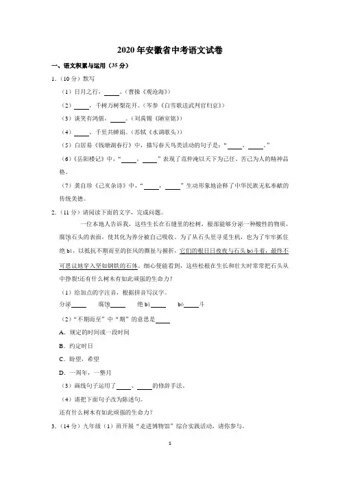 2020年安徽省中考语文试卷(含解析+答案)