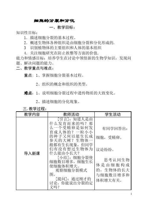 细胞的分裂和分化