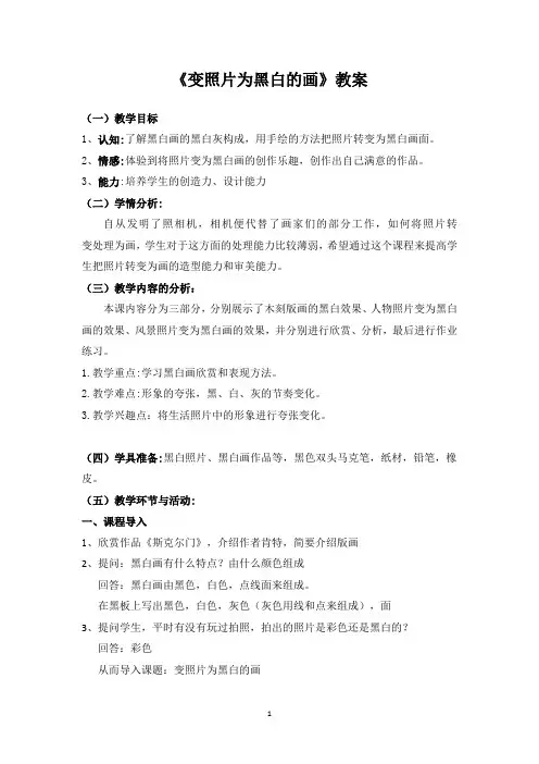 四年级下册美术教案-3.9 变照片为黑白画丨岭南版