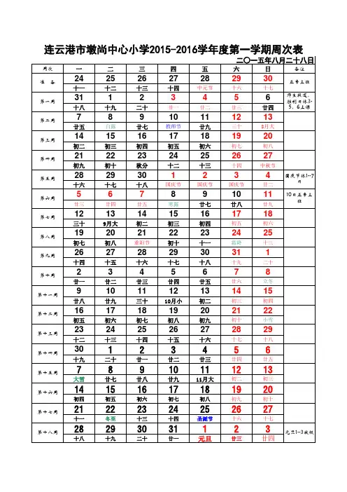2015年下半年周次表
