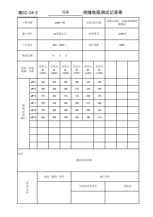 电气工程绝缘电阻测试记录填写样表