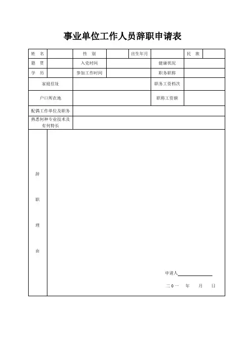 事业单位工作人员辞职申请表