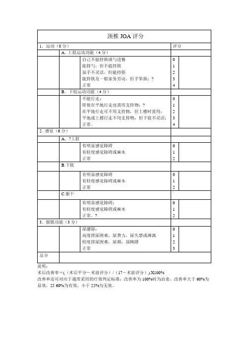 颈椎JOA 腰椎JOA 评分 表格 日本骨科协会评估治疗